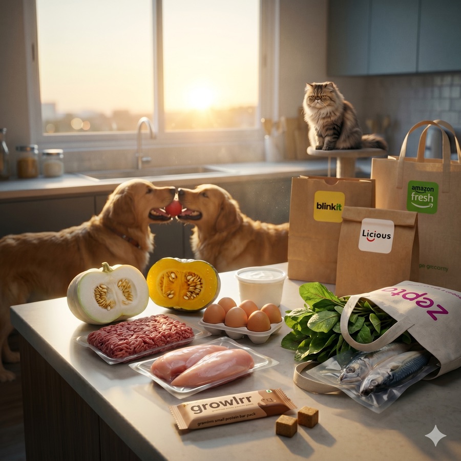 Blinkit grocery bags at the door